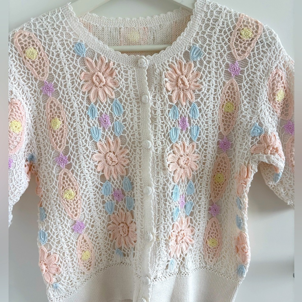 Floral Crochet Short sleeved Cardigan with Pastel Accents size Medium